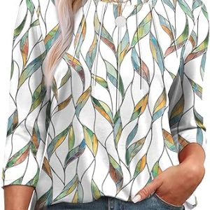 3/4 Length Sleeve Womens Tops Round Neck