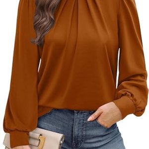 Long Sleeve Shirts for Women Mock Neck Tops Pleated